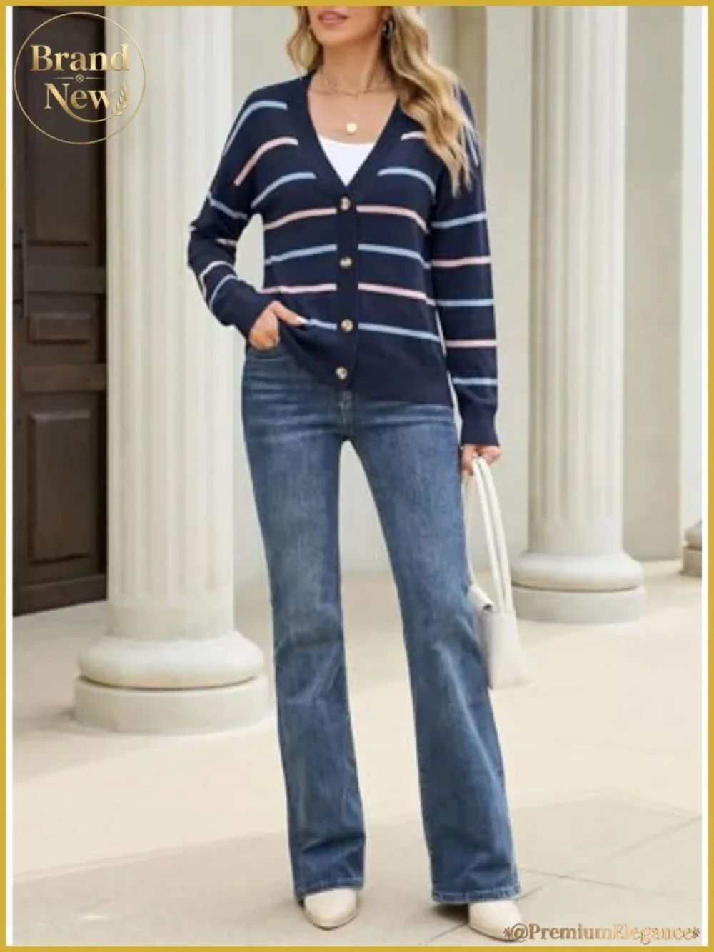 Striped Cropped Cardigan V-Neck Long Sleeve Knit Sweater
